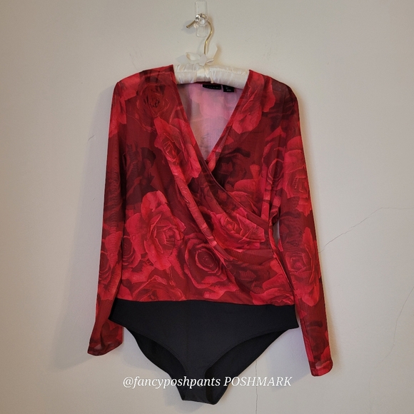 TAHARI red rose fitted  bodycon bodysuit attached black shaper liner snap - Picture 9 of 17